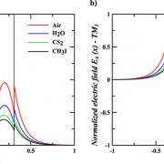 Electric field distributions in the planar slot waveguide. Spatial distributions of the normalized E x (x) for TM polarization of a silicon planar slot waveguide with g = 100 nm, immersed in Air, H2O, CS2, and CH3I, at a wavelength of λ 0 = 1550 nm. (a) Symmetric TM mode – TM0. (b) Antisymmetric TM mode – TM1.